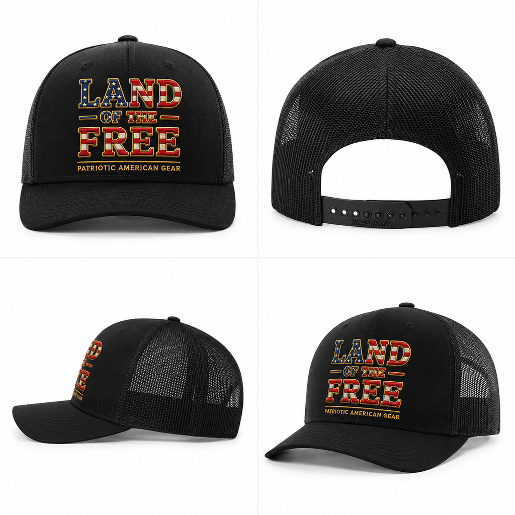 Black cap with 'Land of the Free' text and American flag design on a white background